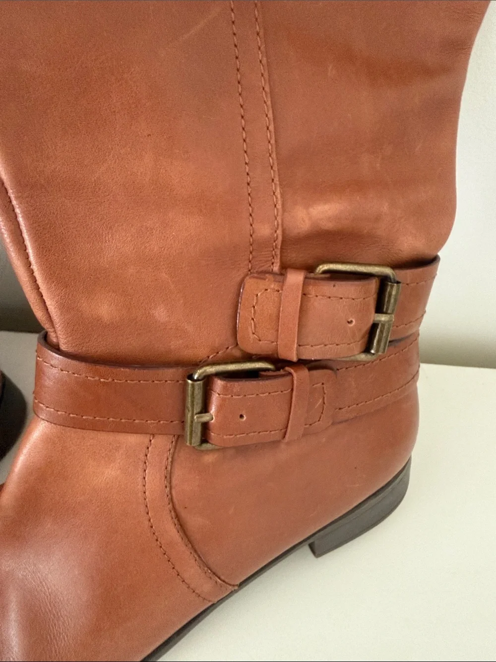 Nine West Cognac Leather Over-the-Knee Buckle Boots